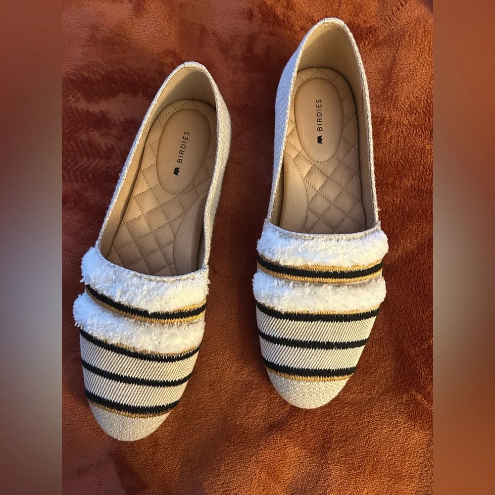 Birdies Cream Slip-On Loafer with Black and Tan Striped Accent